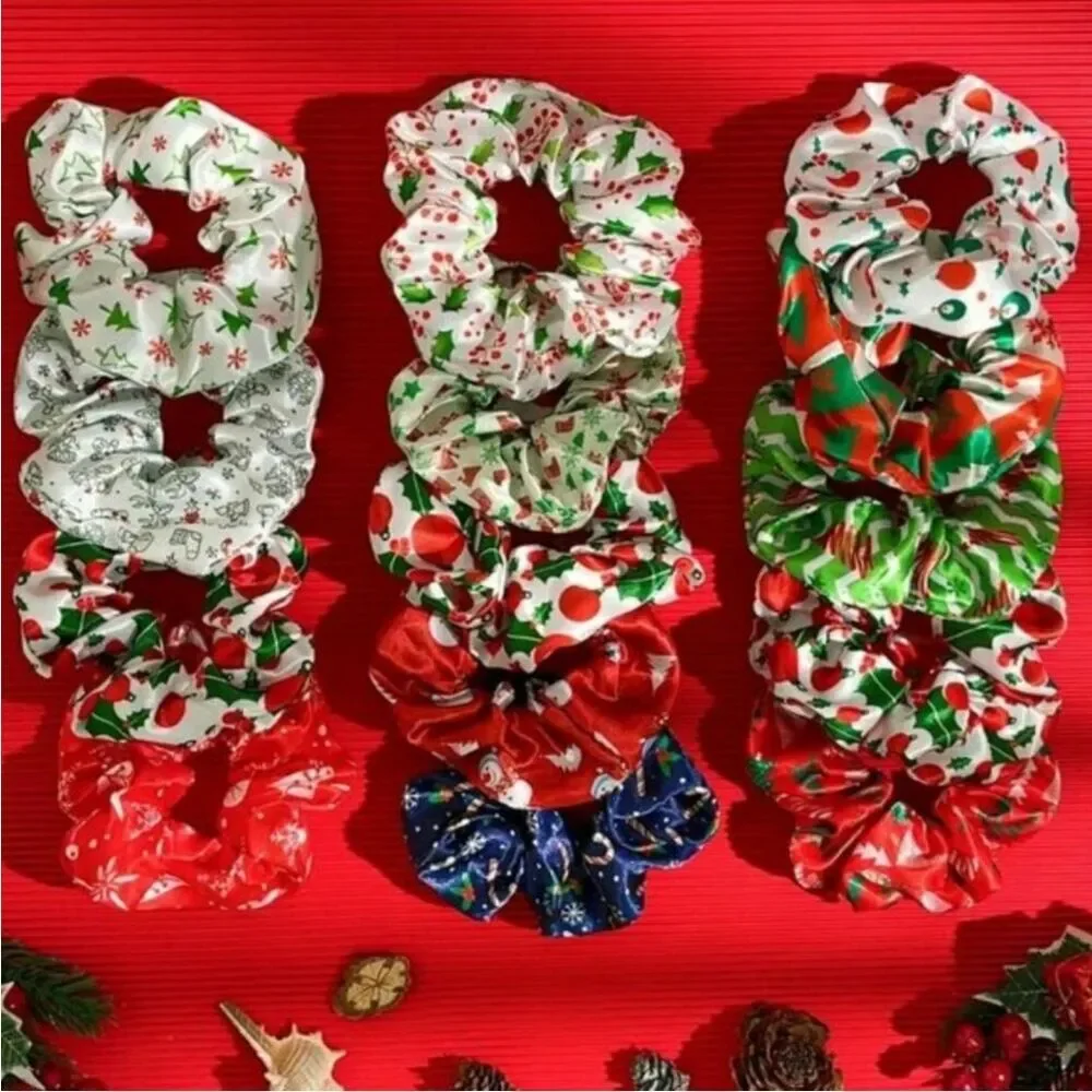 Christmas Hair Scrunchies Random 7 Festive Prints Colorful Patterns OS New